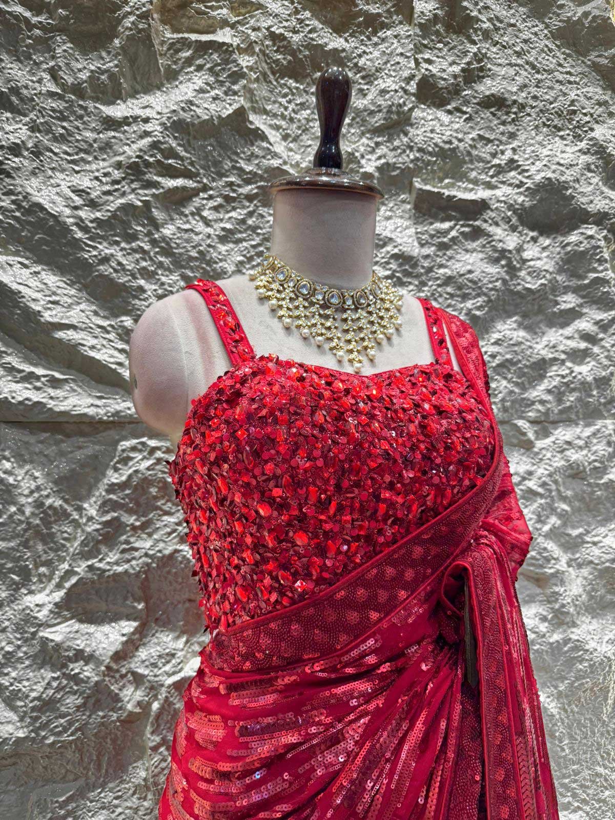 "CRIMSON SEQUIN ELEGANCE SAREE" - Image 3