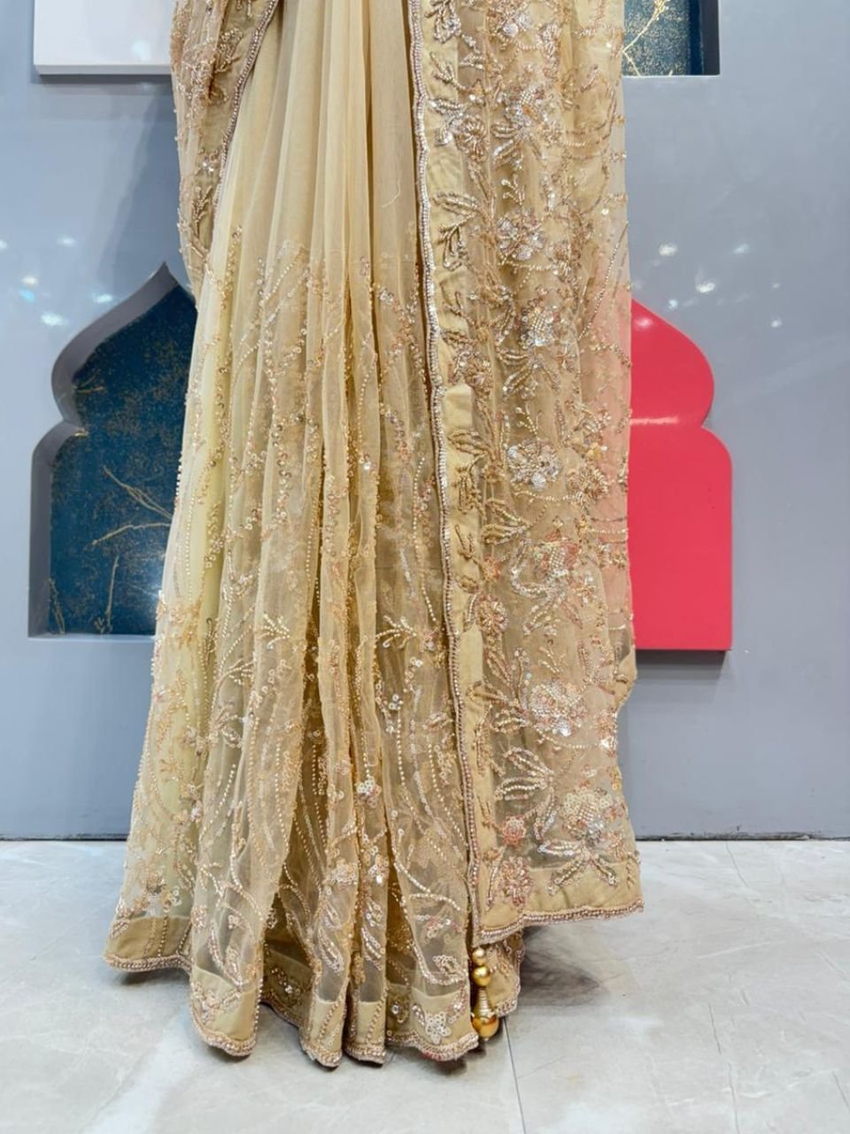 "CHAMPAGNE ELEGANCE EMBROIDERED SAREE" - Image 4