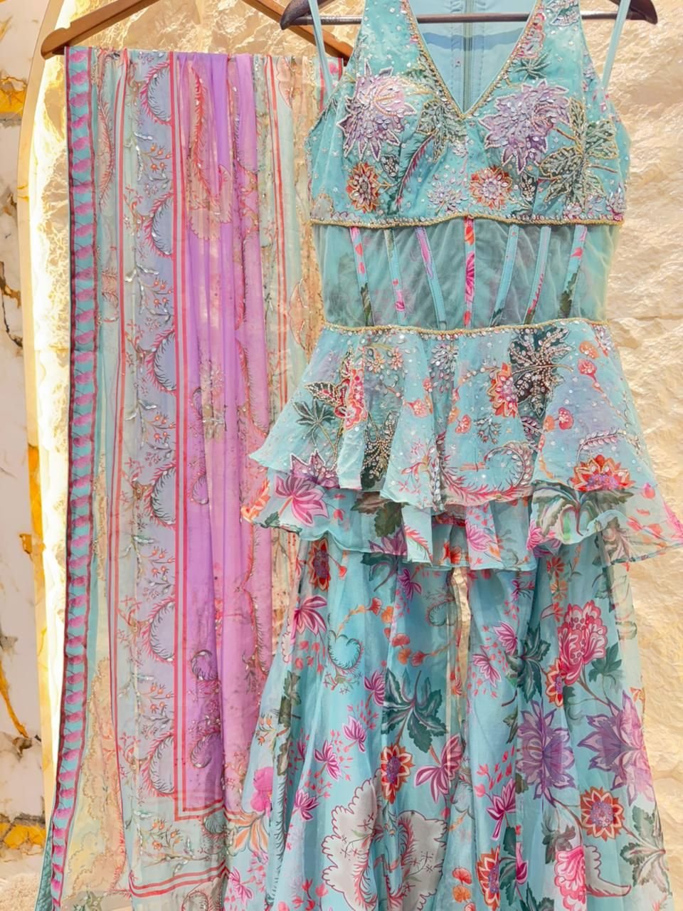 "AQUA BLOOM PRINTED INDOWESTERN" - Image 5