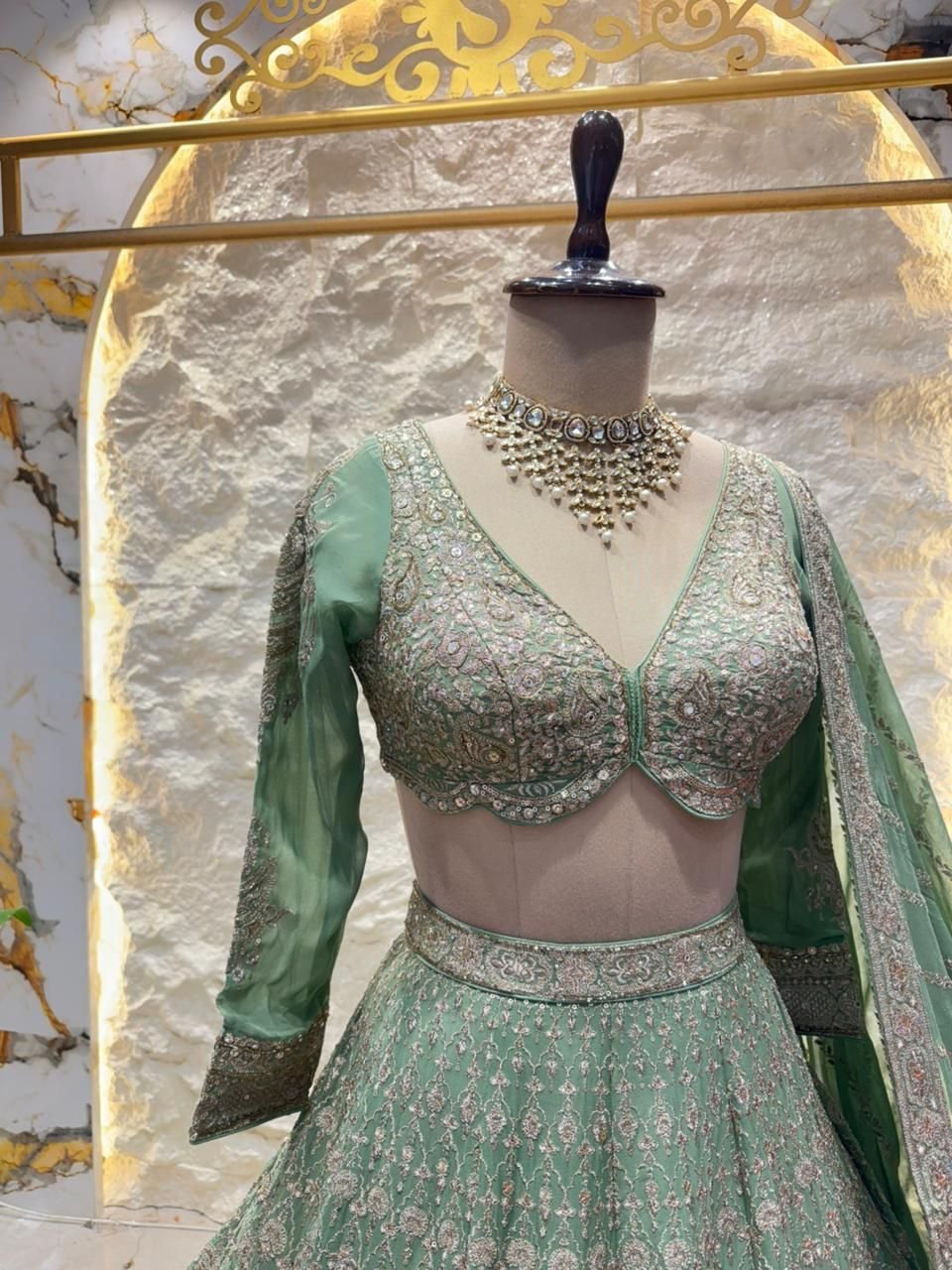 "MINT GREEN ROYAL EMBROIDERED LEHENGA" - Image 3