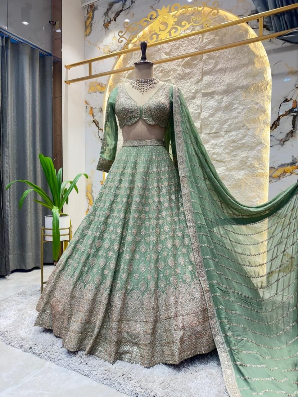 "MINT GREEN ROYAL EMBROIDERED LEHENGA" - Image 4